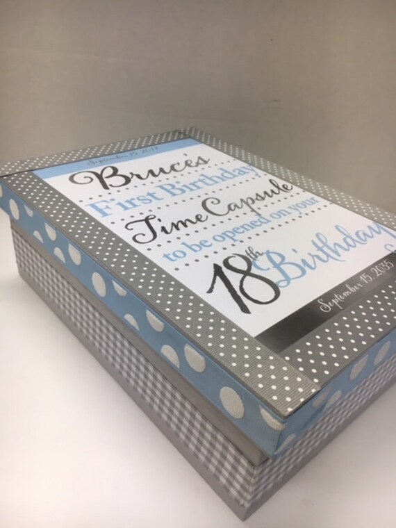 1st Birthday Time Capusule Keepsake Box Boy Gray Gingham And Etsy