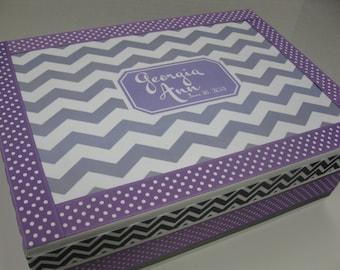 Gray White and Purple Chevron  Personalized Girl's Keepsake Box- Pink and Gray -Birthday, Christening, Baby Naming Adoption