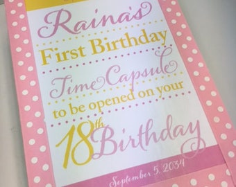 1st Birthday Time Capusule Keepsake box -Pink and Yellow
