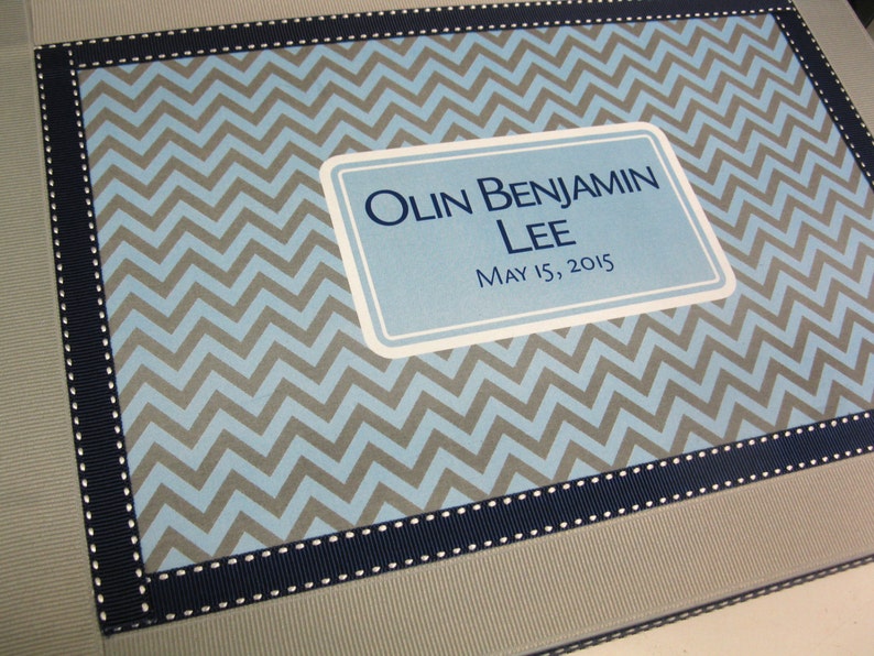 Boys Keepsake Box-Light Blue Navy Blue and Gray Chevron image 1