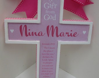 Girl's Baptism Cross -Pink on Pink -any color available- approx 7 x 9 inches