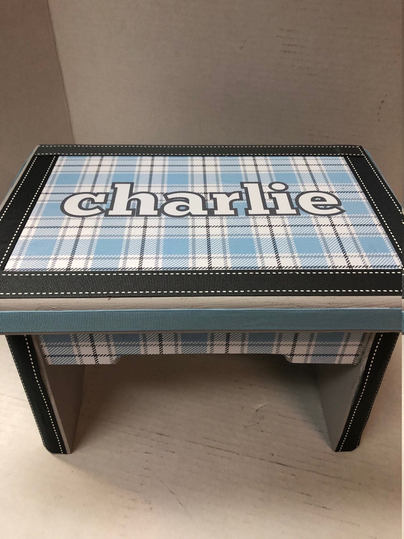 Little Boy/'s Bench-Light Blue and Shades of Gray Plaid