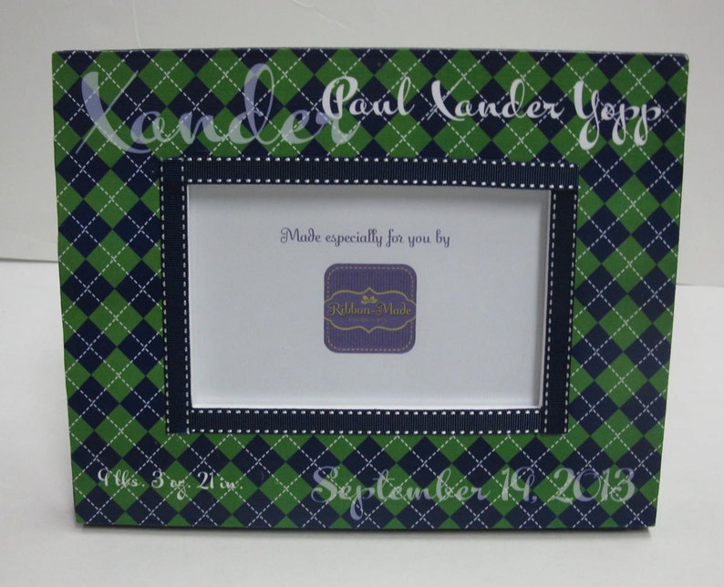 Baby Boy Personalized Argyle Frame NAVY and GREEN image 1