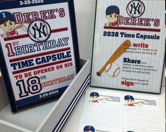 Yankee Themed First Birthday Time Capsule with Framed Instructions and Cards or copy or print- Any TEAM can be designed!