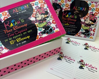 1st Birthday Time Capusule Keepsake box and Cards with Instructions -CUSTOM  Minnie  Mouse Hawaii Theme 2