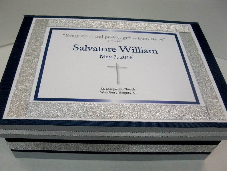 Boy Baptism/Christening with cross Keepsake Box Navy and Gray and Silver image 3