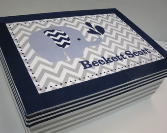 Keepsake Box-Newborn, Birthday, Baptism, Bris, Adoption-Gray Navy Chevron w Elephant