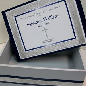 Boy Baptism/Christening with cross Keepsake Box Navy and Gray and Silver image 2