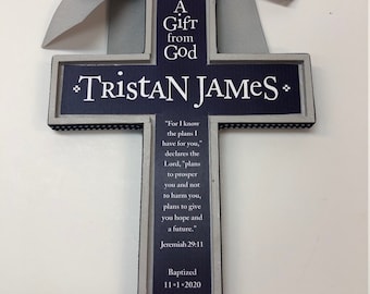 Boy's Baptism Cross - Jereimah 29:11 -Gray painted cross any color cross-approx 7 x 9 inches