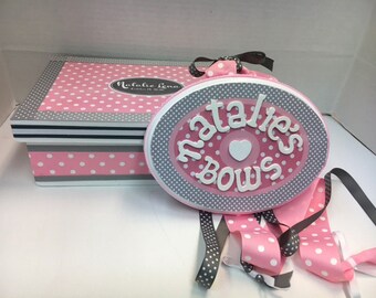 GIFT SET of Pink and Gray Polka Dot Keepsake Box and Bow Holder