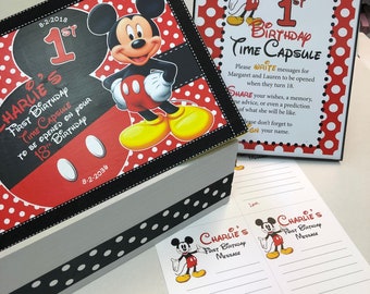 Mickey First Birthday Time Capsule with Framed Instructions and Cards or copy or print/