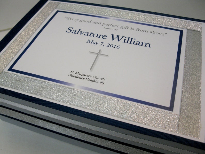 Boy Baptism/Christening with cross Keepsake Box Navy and Gray and Silver image 5