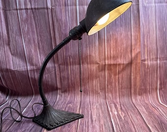 Vintage 1930's Art Deco Cast Iron Gooseneck Desk Lamp Pull Chain-Working-Industrial Home Office-Steampunk