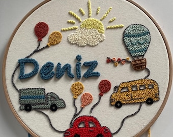 Personalized Baby Name Hoop: Vehicles Punch Needle Nursery Decor, Baby Shower Gift
