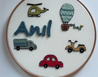 Personalized Baby Name Punch Needle Hoop: Vehicle Nursery Decor, Baby Shower Gift