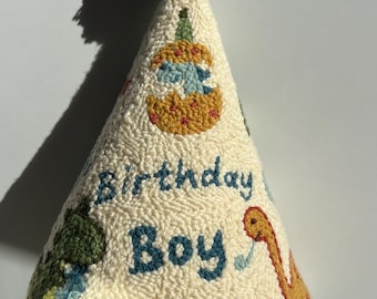 Handmade Dinosaur Birthday Hat, Custom Punch Needle Party Crown, Bday Boy, First Birthday