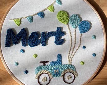 Personalized Race Car Nursery Hoop, Punch Needle Baby Boy Room, Baby Shower Gift