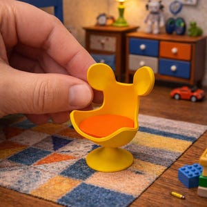 Può includere: Una sedia gialla in miniatura con schienale arrotondato e dettagli a forma di orecchie, con un sedile arancione. La sedia è su un tappeto colorato, con una scena di camera da letto in miniatura sullo sfondo. La sedia misura circa 5 cm di altezza.
