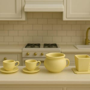 May include: A collection of pale yellow ceramic kitchenware, including two teacups with saucers, a small pitcher, and a square mug with a matching coaster. The items are arranged on a white countertop in a kitchen setting.