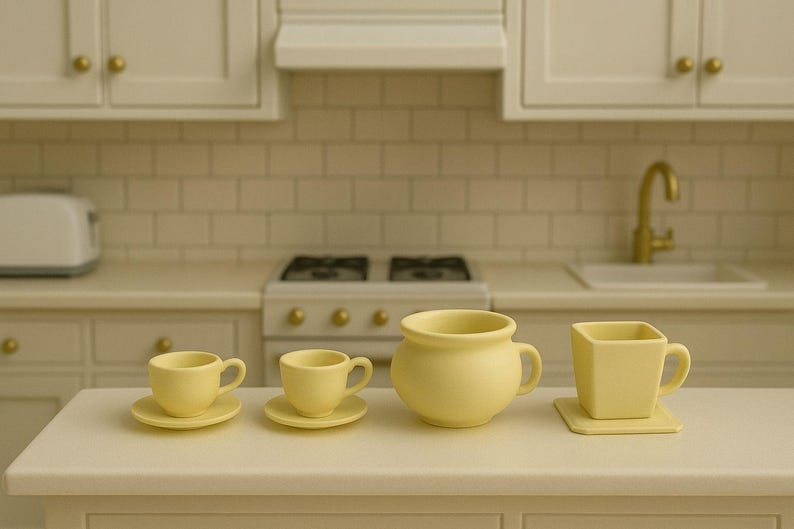 May include: A collection of pale yellow ceramic kitchenware, including two teacups with saucers, a small pitcher, and a square mug with a matching coaster. The items are arranged on a white countertop in a kitchen setting.