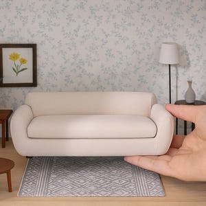 May include: Miniature living room scene featuring a cream sofa, a grey patterned rug, and a small wooden side table. A framed picture of yellow flowers hangs on the wall. A hand is holding the sofa.