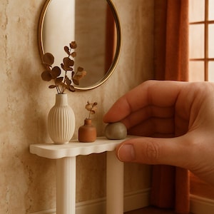 Peut inclure: Une scène d'intérieur miniature avec une console blanche à deux pieds cannelés, des petits vases et une pierre décorative. Un miroir rond doré est accroché au mur. Une main se tend vers les objets.