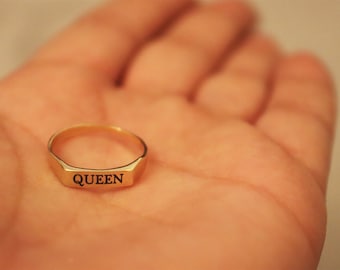 Queen Engraved Gold Ring, Thin Ring, Signet Ring, Gold Ring, Stacking Ring, Personalized Ring, Pinky Ring, Delicate Ring, Gift for Her
