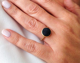 Druzy Ring, Flower Ring, Unique Ring, Gold Ring, Gemstone Ring, Black Stone Ring, Delicate Ring, Flower Ring Gold, Dainty Ring, Elegant Ring