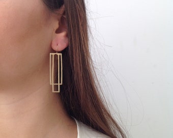 Rectangle Earrings, Statement Earrings, Plated Gold Dangle Earrings, Geometric Earrings, Women's Geometric Jewelry, Long Gold earrings