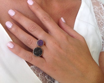 Two Stone Ring, Pearl Ring, Druzy Ring, Zircon Ring, Gemstone Ring, Unique Ring, Artisan Ring, Multistone Rings, Open Ring, Birthstone Ring