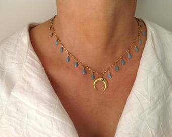 Turquoise Necklace, Moon Necklace, Unique Necklace, Gemstone Necklace, Chic Necklace, Boho Necklace, Elegant Necklace, Gold Necklace, Gift