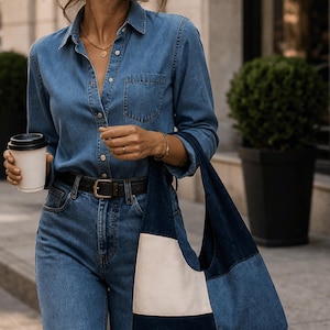 Könnte beinhalten: Ein Outfit aus Jeanshemd und Jeans. Das Outfit umfasst ein langärmeliges Jeanshemd, Jeans und einen schwarzen Gürtel. Eine Tragetasche mit einem weißen und blauen Patchwork-Design wird über der Schulter getragen. Die Person hält auch eine Kaffeetasse.