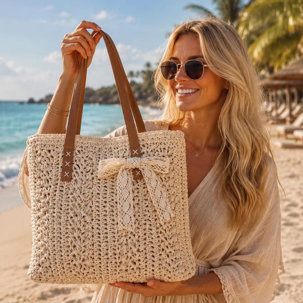Boho Strandtasche Beige mit Reißverschluss – Große Häkel Tote Bag – Crochet Shopper – Sommer Tasche – Beach Bag – Geschenk für Sie