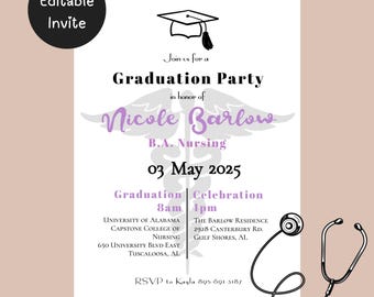 Invitación de graduación de enfermería, plantilla editable (descarga digital)