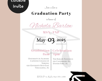 May include: A graduation party invitation with a black and white mortarboard graphic. The invitation features the text "Graduation Party" and details including the graduate's name, date, time, and location. The invitation is in black, white, and pink.
