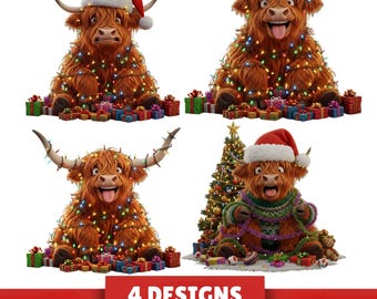 Grappige hooglandkoe kerstverlichting png-bundel, baby koe clipart, boerderijdieren (digitale download)