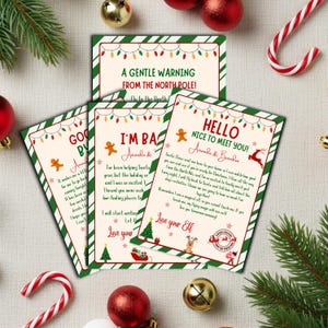 May include: A collection of Christmas-themed cards with festive designs. The cards feature text like "A Gentle Warning From The North Pole!" and "Hello Nice To Meet You!" with illustrations of gingerbread men, Christmas trees, and reindeer. The cards are decorated with green and red borders.