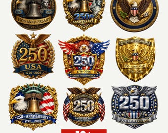 V.S. 250-jarig jubileum PNG-bundel 250 jaar 3D metallic adelaar embleem sublimatieontwerp 1776-2026