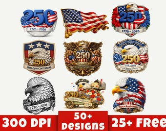 Bundel 250e verjaardag VS 1776-2026 | Patriottische 3D-adelaaremblemen, sublimatieontwerpen, semi-centennial, digitale download