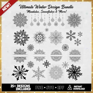 Puede incluir: Un paquete de diseño digital con intrincados mandalas y copos de nieve en blanco y negro. La imagen incluye varios diseños de copos de nieve, mandalas decorativos y el texto "Ultimate Winter Design Bundle" y "25+ Designs Included". Los diseños están disponibles en formatos PNG, SVG y EPF.