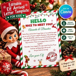 Może przedstawiać: Edytowalny szablon listu powitalnego elfa dla dzieci z czerwono-zieloną ramką, grafiką lampek choinkowych i tekstem Hello Nice To Meet You, Amanda & Brandon oraz grafiką pieczątki dostawy ekspresowej z Bieguna Północnego.