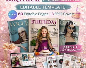 Sjabloon verjaardagstijdschrift, gepersonaliseerd verjaardagscadeau voor haar, canvassjablonen, aandenken, fotoboek