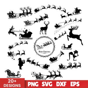 May include: A collection of black and white Christmas designs, including Santa Claus in a sleigh with reindeer, individual reindeer silhouettes, and decorative elements. Includes the text "20+ Designs" and file type options.