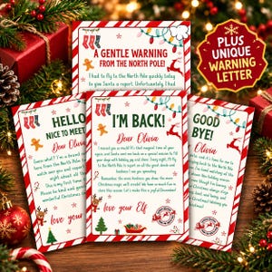 May include: Three rectangular Christmas-themed cards with red and white striped borders, featuring festive illustrations of stockings, reindeer, and lights. The cards contain printed text addressed to Olivia, including messages like I'M BACK!