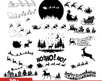 Santa slee rendier silhouet: kerst gesneden bestanden SVG clipart, vakantie png clipart (digitale download)