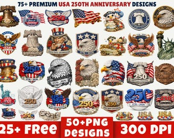 Bundel 250-jarig jubileum VS, 75+ png-ontwerpen 1776-2026 Semiquincentennial 4 juli Freedom Art