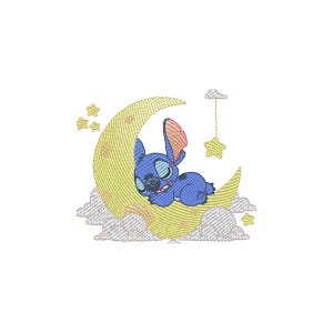 以下が含まれることがあります： 大きな耳を持つ青い漫画のキャラクターが、黄色の三日月の上で寝ています。月は白い雲と星に囲まれています。