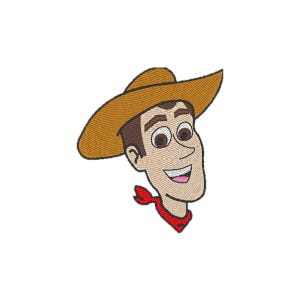 Może przedstawiać: Kreskówkowa ilustracja uśmiechniętego kowboja z brązowymi włosami, w brązowym kowbojskim kapeluszu i czerwonej bandanie.