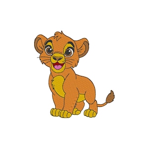 May include: An embroidered design of a cartoon lion cub in shades of orange and yellow. The cub is depicted in a sitting position with a smiling expression, open mouth, and pink tongue. The design is on a white background.
