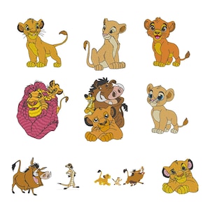 May include: A collection of embroidered patches featuring characters from the animated film "The Lion King." The patches depict various lions, Timon, Pumbaa, and other characters in vibrant colors. These patches are suitable for clothing or craft projects.